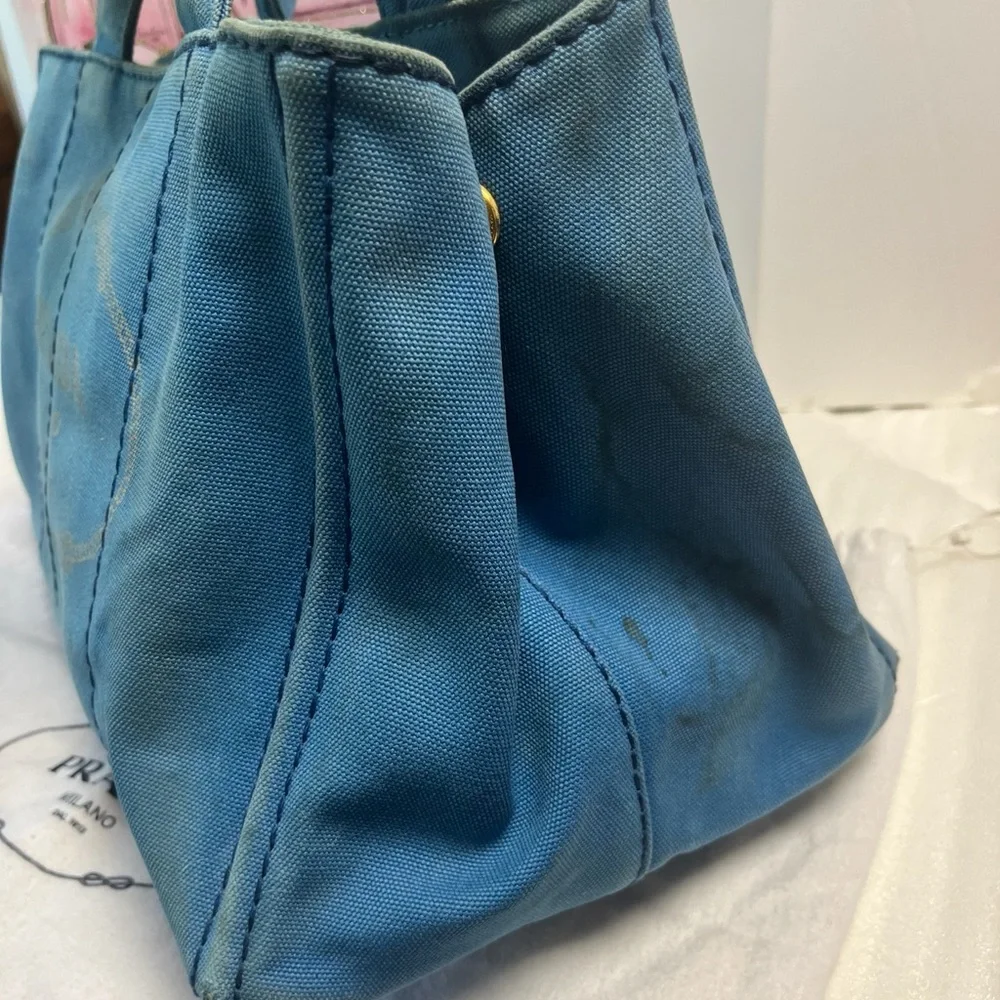 Prada Canapa Blue Denim Canvas Tote Bag Distressed Jeans - Picture 5 of 11